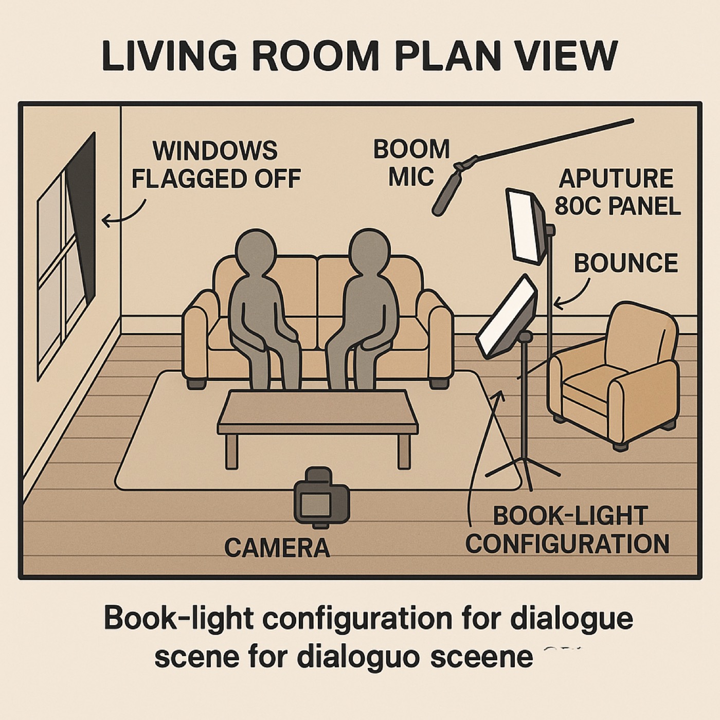 Storyboard-style living room plan view illustrating two Aputure 80c panels in a book light configuration