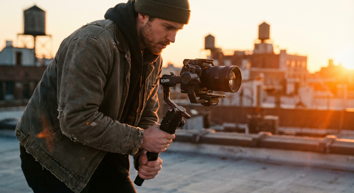 Filmmaker operating a Canon R5 C on a gimbal at sunrise on a rooftop