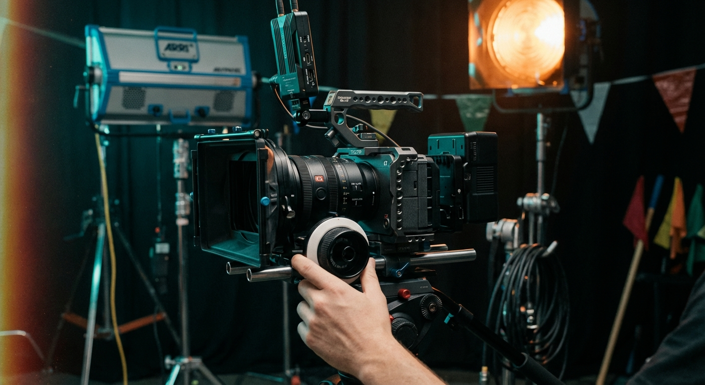 Close-up of a rigged Canon R5 C with follow focus and lighting gear