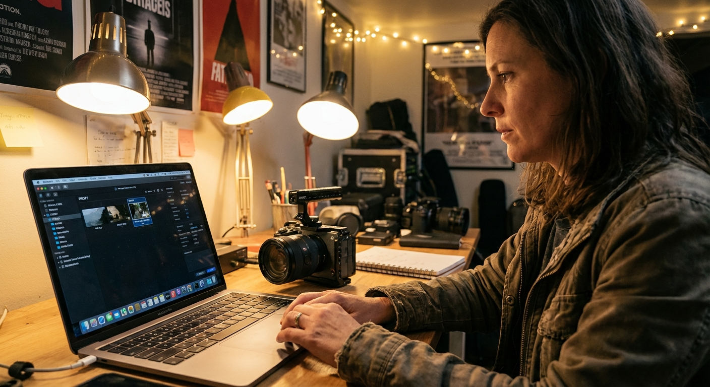 Filmmaker reviewing Canon R5 C footage on a laptop in a studio office