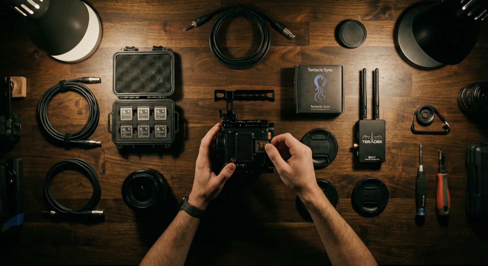 Assistant camera prepping a RED Komodo X rig with accessories